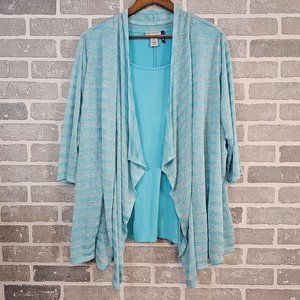 Catherines Cardigan Top‎ Combo Women's 2XWP Teal White Striped Open Front Soft